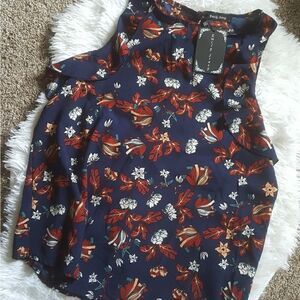 Emily Stacy NEW Navy Blue Dark Floral sleeveless Top Size Large